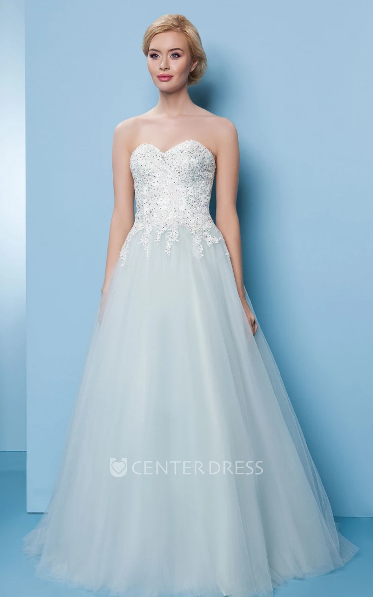 A-Line Appliqued Maxi Sweetheart Sleeveless Tulle Prom Dress