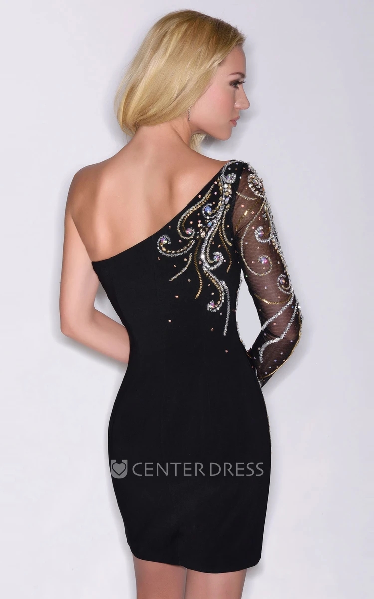 One-Shoulder Column Short Jersey Homecoming Dress With Crystal Detailing