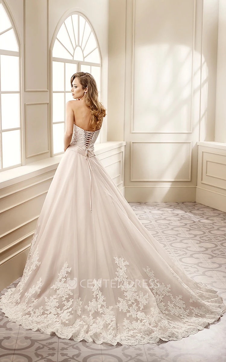 A-Line Sweetheart Long Lace Wedding Dress With Appliques And Corset Back
