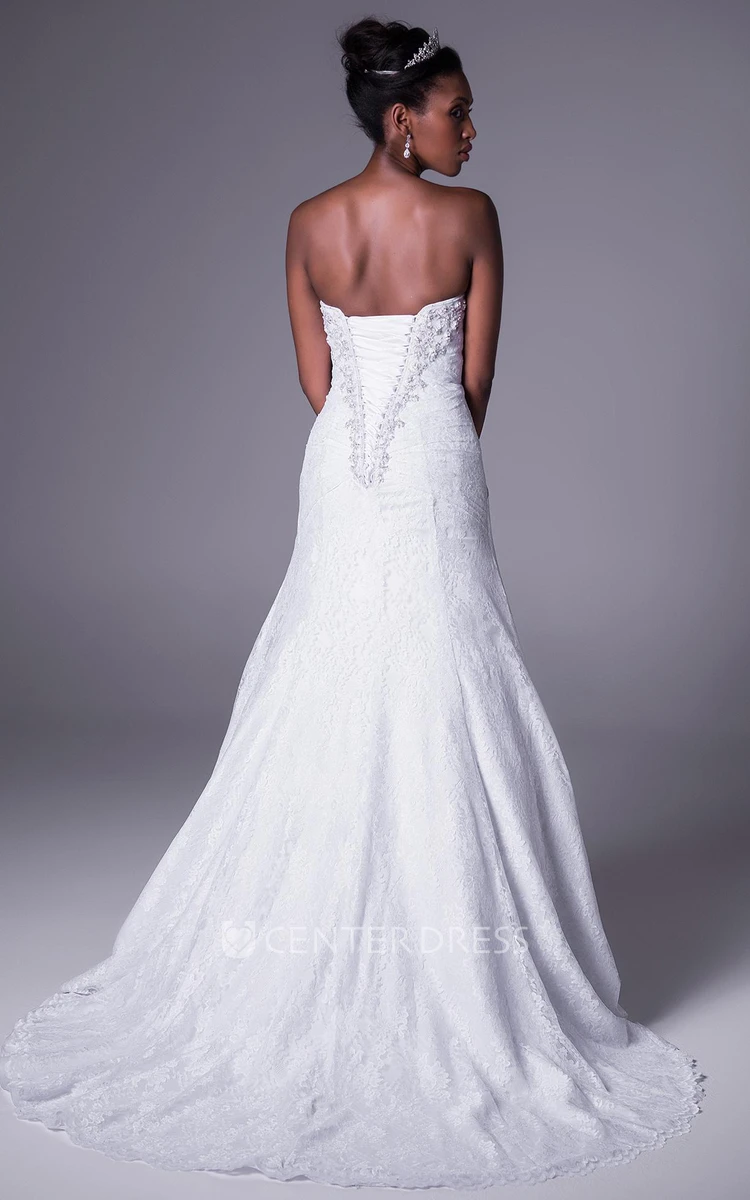 A-Line Strapless Side-Draped Maxi Sleeveless Lace Wedding Dress With Appliques