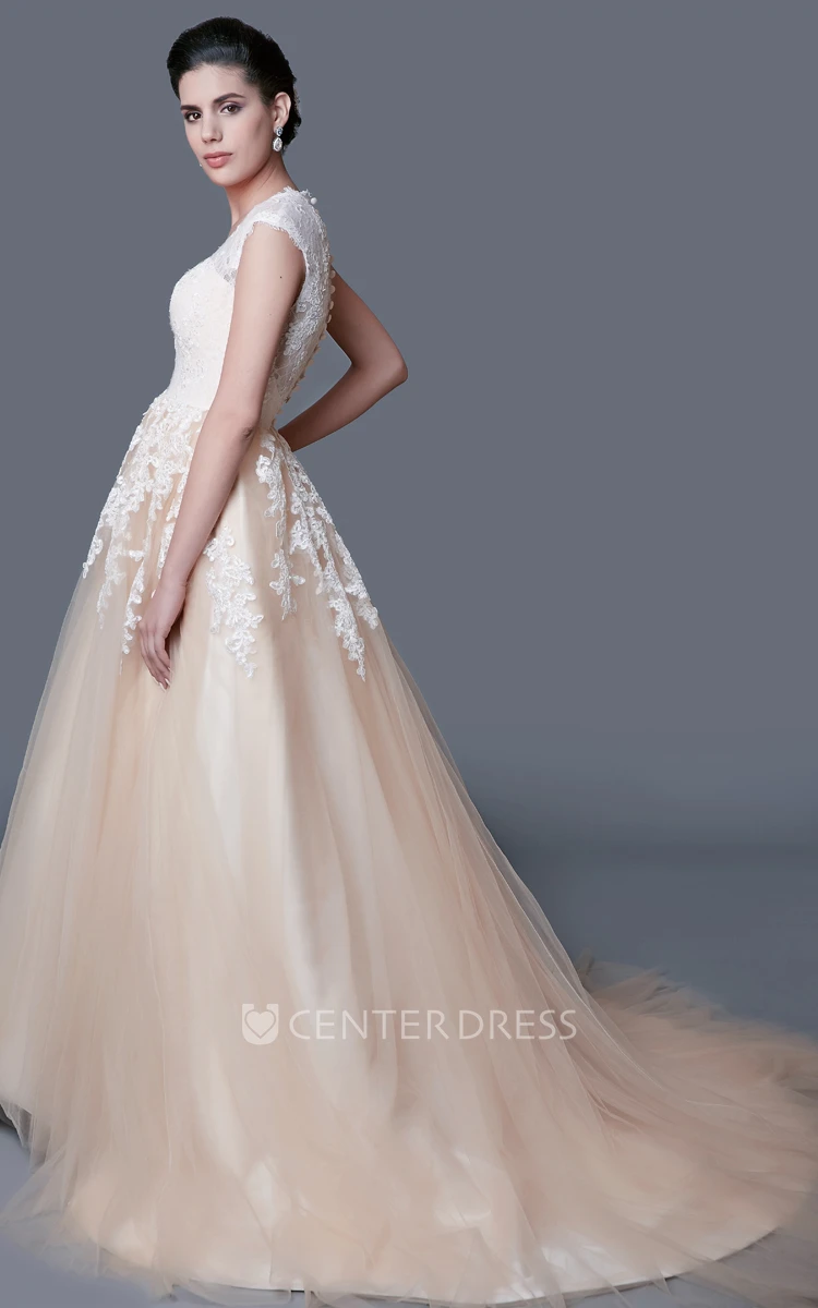Modest A-line V Neck Long Lace Wedding Dress with Cap Sleeves