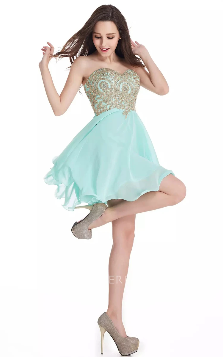 A-line Short Mini Sleeveless Sweetheart Beading Lace Pleats Chiffon Lace Homecoming Dress