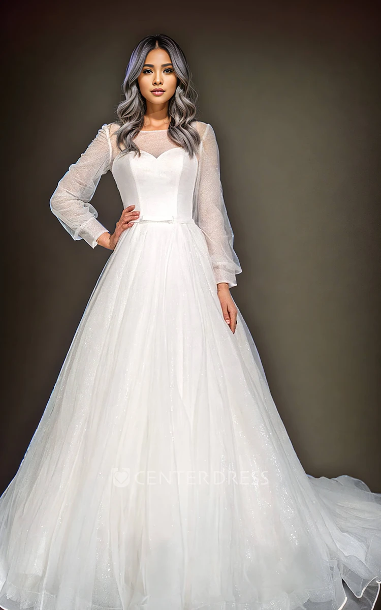 Simple Modest A-Line Jewel Sweetheart Neck Plus Size Tulle Wedding Dress Solid Romantic Floor-length Train Long Puff Sleeve Button Lace-up Back Bridal Gown with Sash