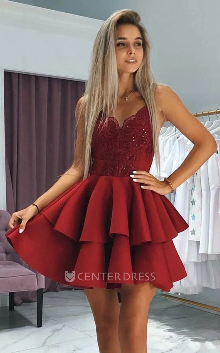 Sexy A Line Satin Spaghetti V-neck Sleeveless with Lace and Tiers Homecoming Dress