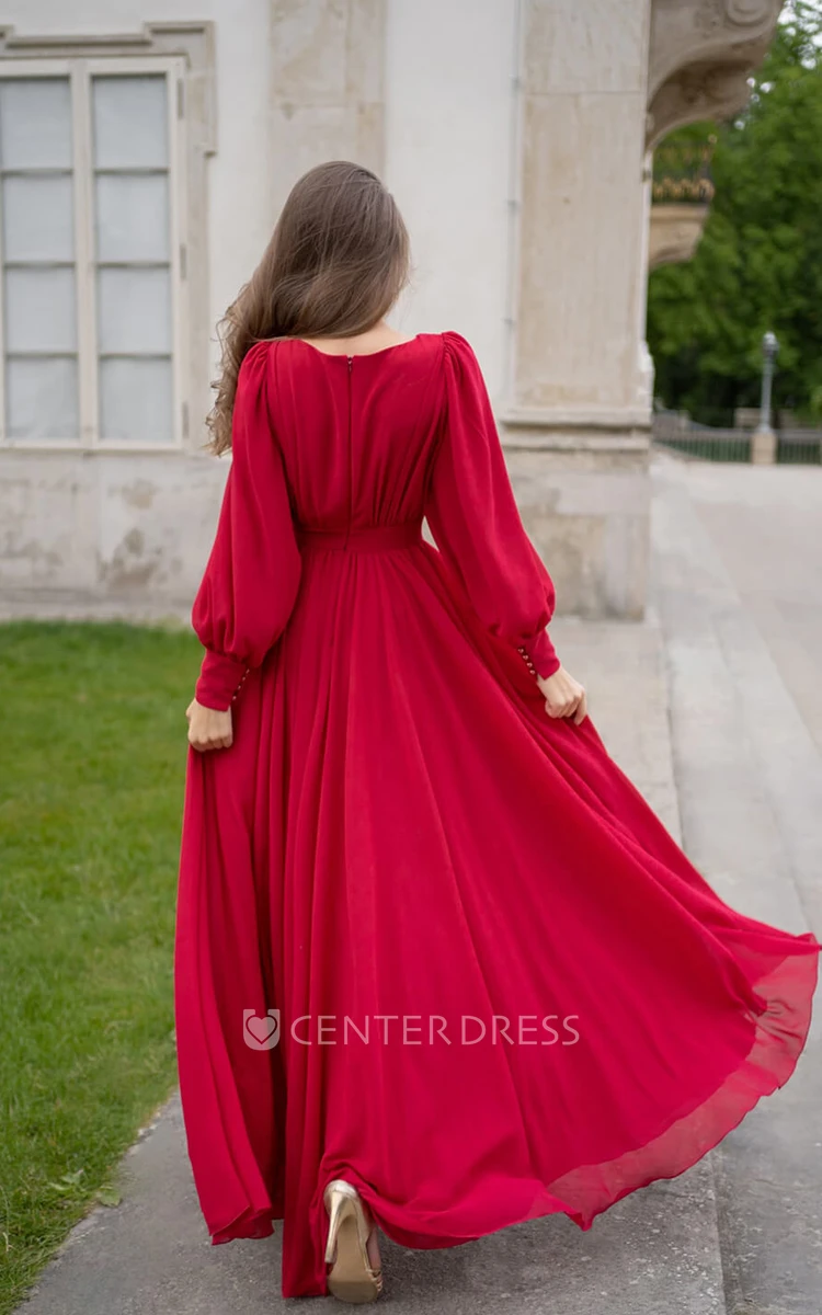 Chiffon Prom Dress with V-neck and Floor-length Romantic A-Line Dress for Women