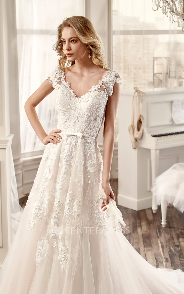 Cap-Sleeve V-Neck Pleating Wedding Dress With Brush Train And Open Back