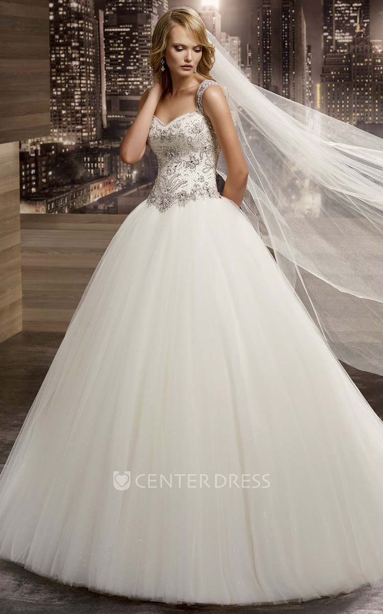 Square neck A line Wedding Dress with Beaded Corset and Puffy