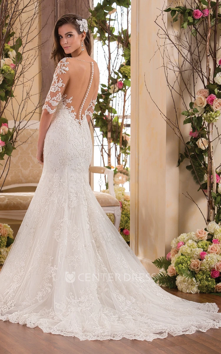 Half-Sleeved Mermaid Gown With Illusion Appliqued Bodice