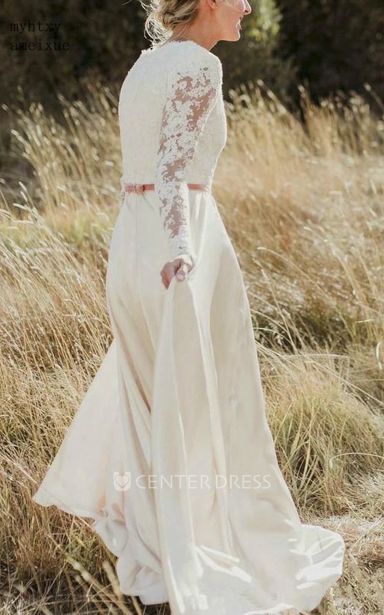 Elegant Scalloped Lace And Satin Long Sleeve Sheath Wedding Dress