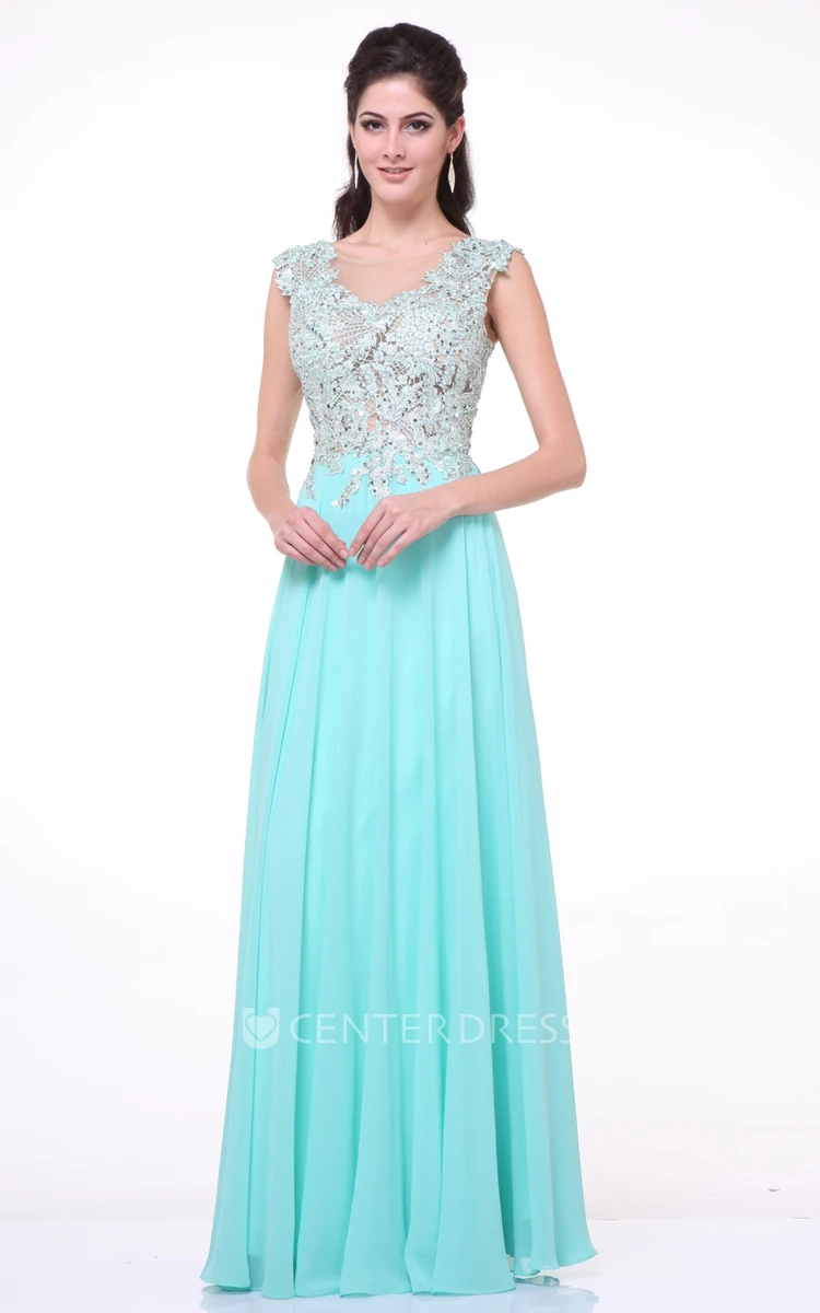 A-Line Scoop-Neck Sleeveless Chiffon Dress With Appliques And Pleats