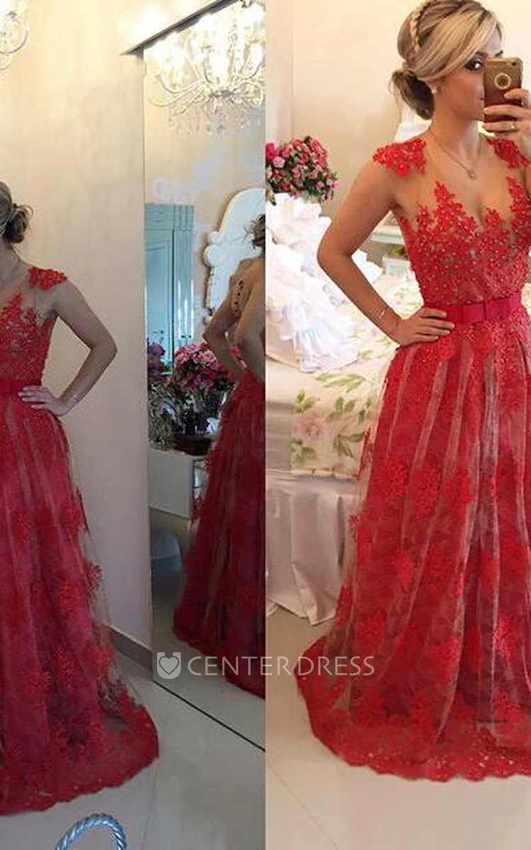 Sexy Red Pearls Lace Evening Dress Sheer Floor-Length