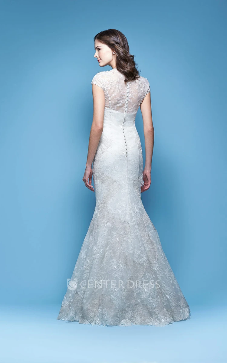 Trumpet Maxi Cap-Sleeve High Neck Lace Wedding Dress With Appliques And Illusion