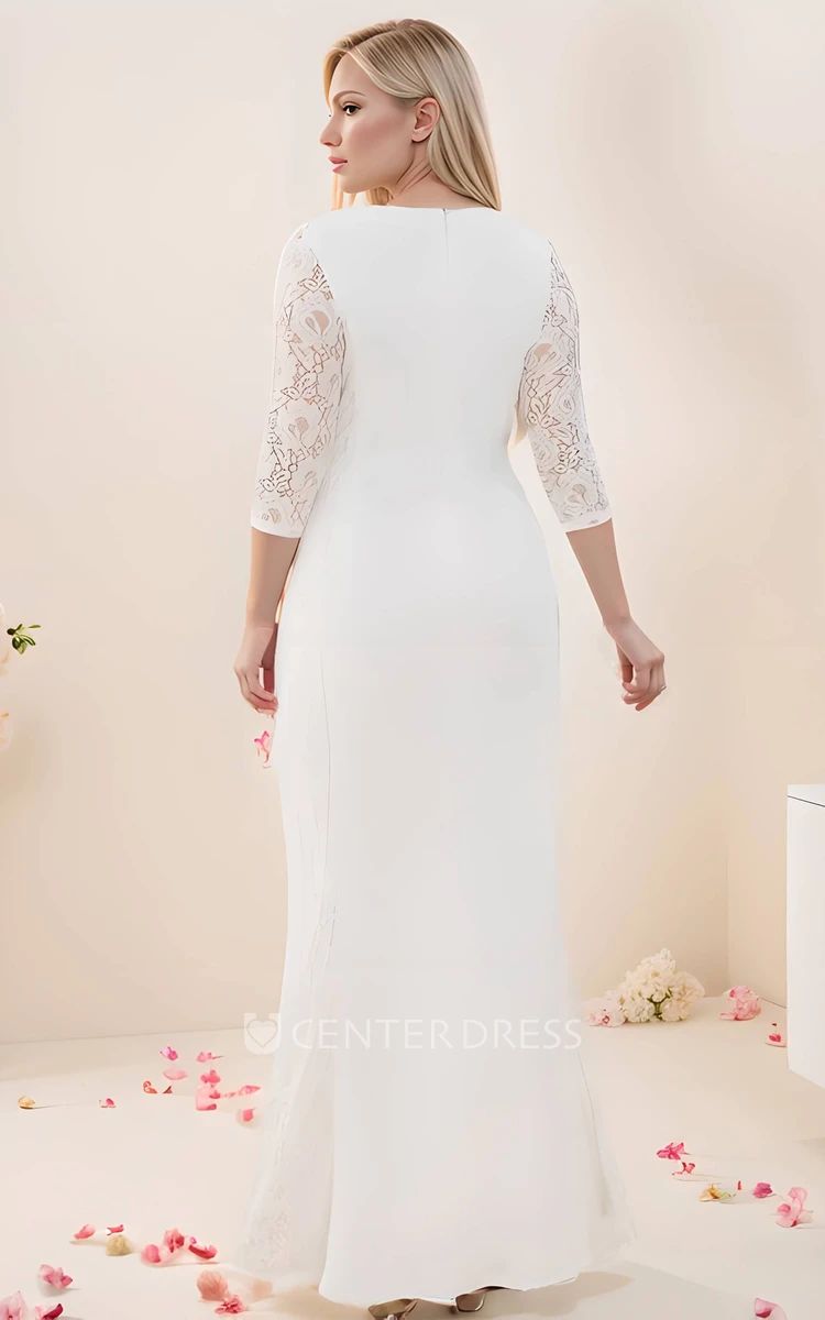 Plus Size Floor Length Simple Sheath Wedding Dress V-neck with Zipper Back Long Lace Sleeve