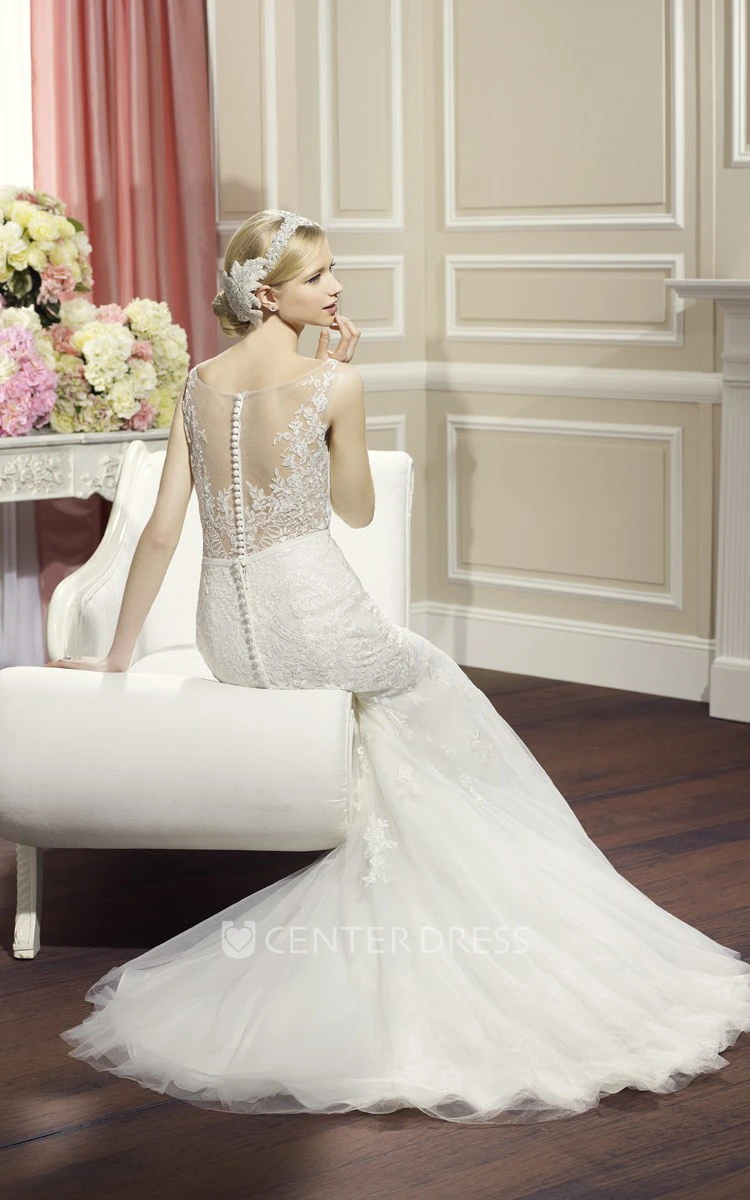 Mermaid Bateau Sleeveless Floor-Length Appliqued Lace&Satin Wedding Dress With Court Train And Illusion Back