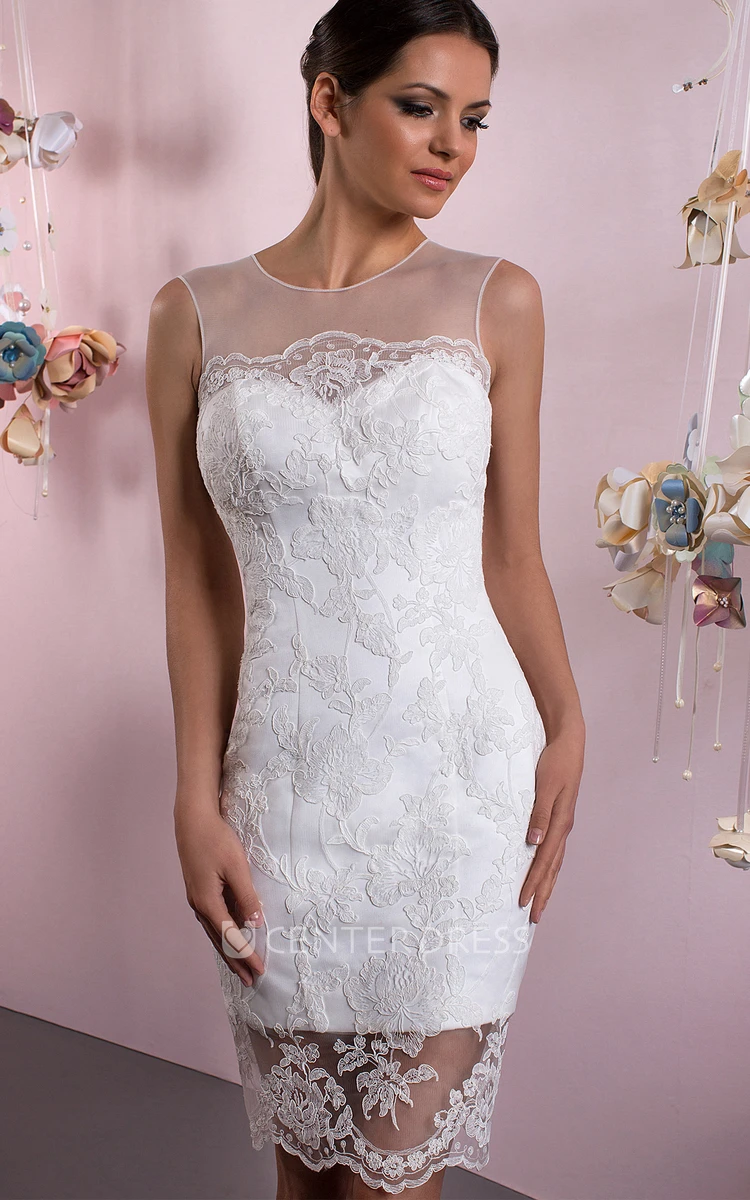 A-Line Floor-Length Lace Sleeveless Scoop Satin Wedding Dress With Illusion Back