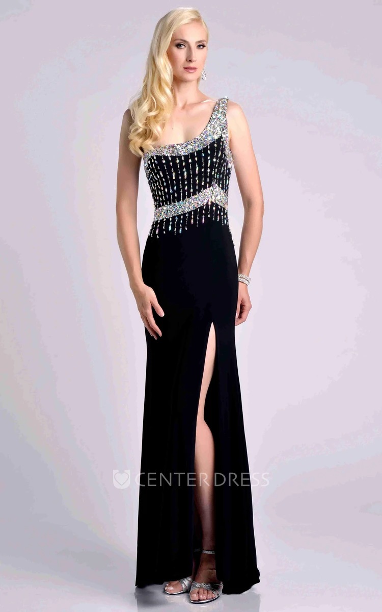 Side Slit One-Shoulder Jersey Sheath Prom Dress With Crystal Top