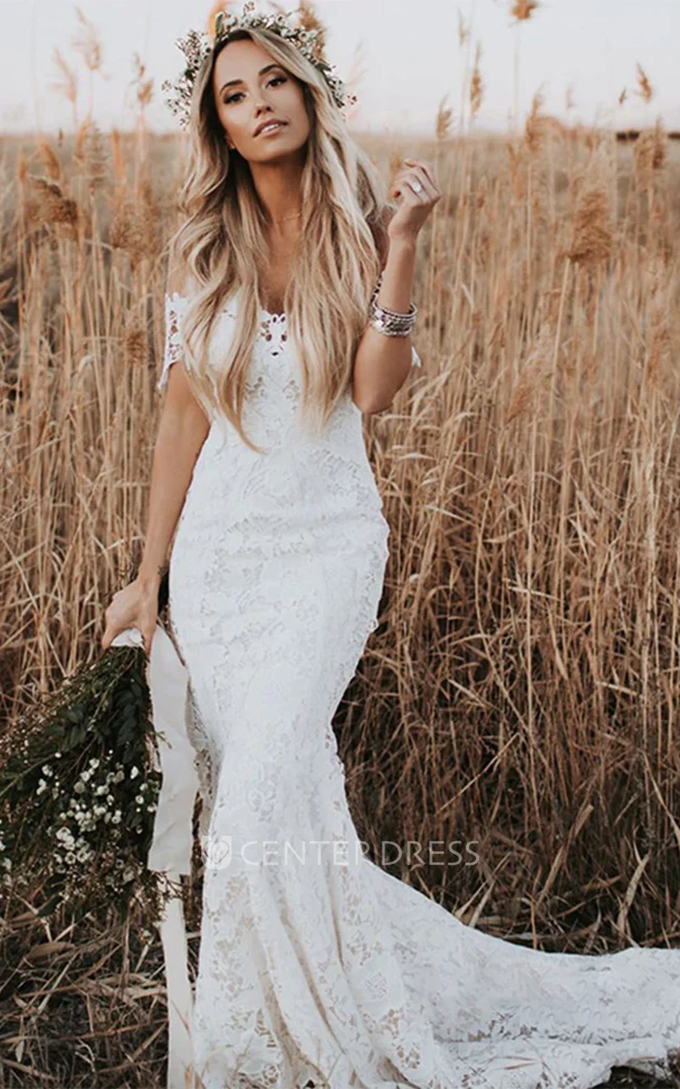 Bohemian Country Style Lace Off-the-shoulder Short Sleeve Wedding Dress