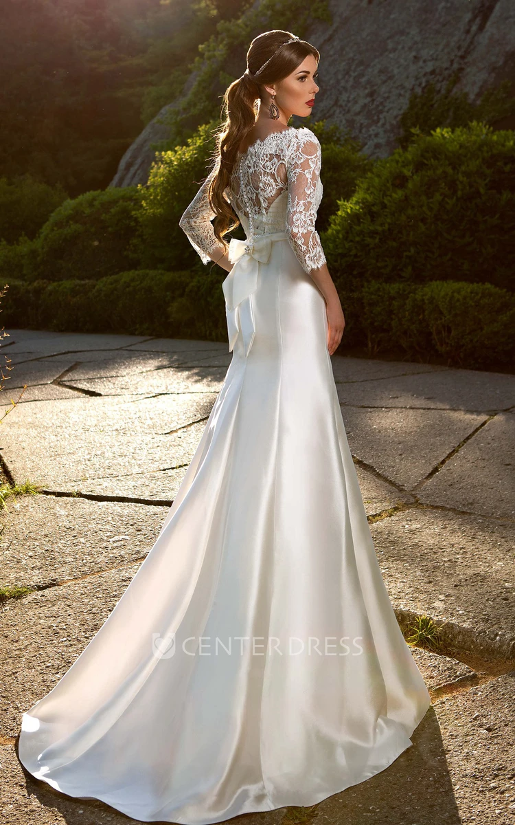 A-Line Floor-Length Off-The-Shoulder T-Shirt-Sleeve Illusion Satin Dress With Lace Appliques And Ruffles