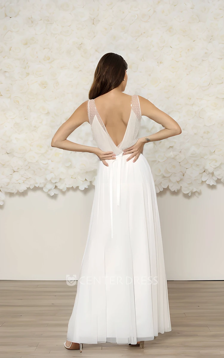 Sleeveless Floor-length V-neck A-Line Floral Lace Appliques Bride Dress with Ribbon Deep-V Back Garden