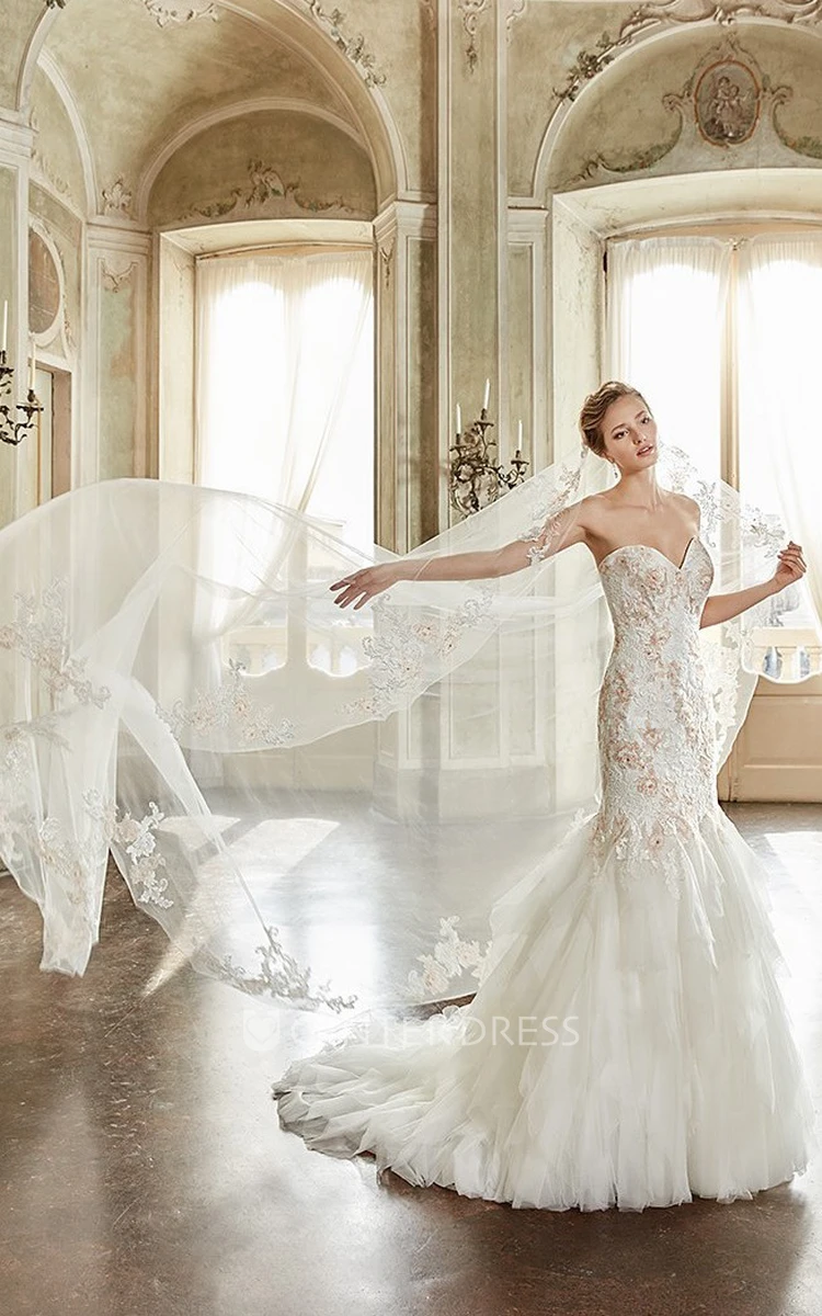 Trumpet Long Appliqued Sweetheart Tulle&Lace Wedding Dress With Cascading Ruffles And Court Train