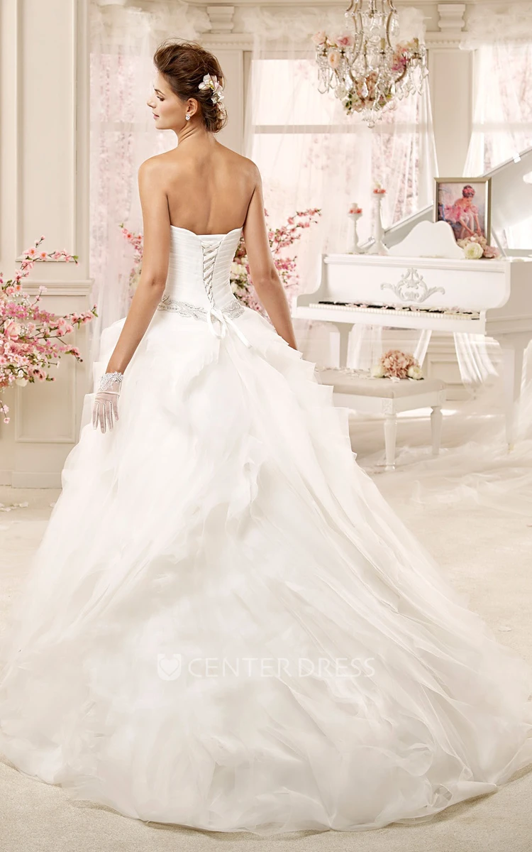 Sweetheart Ruching Wedding Gown with Beaded Belt and Pleated Bodice