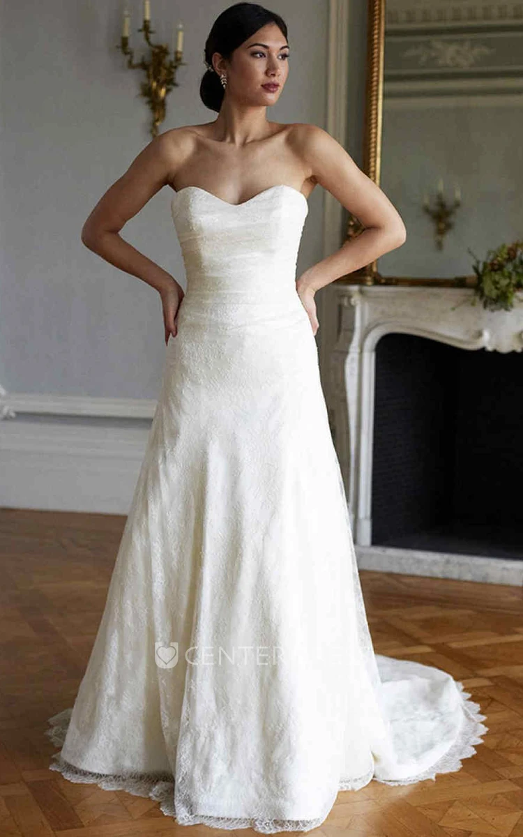 A-Line Ruched Strapless Sleeveless Floor-Length Lace Wedding Dress