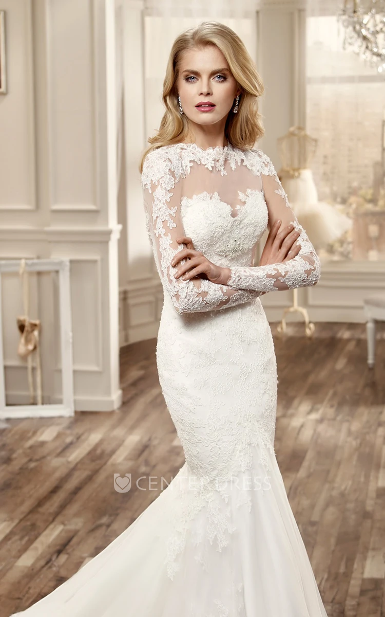 Long-Sleeve Mermaid Wedding Dress With Keyhole Back And Appliques