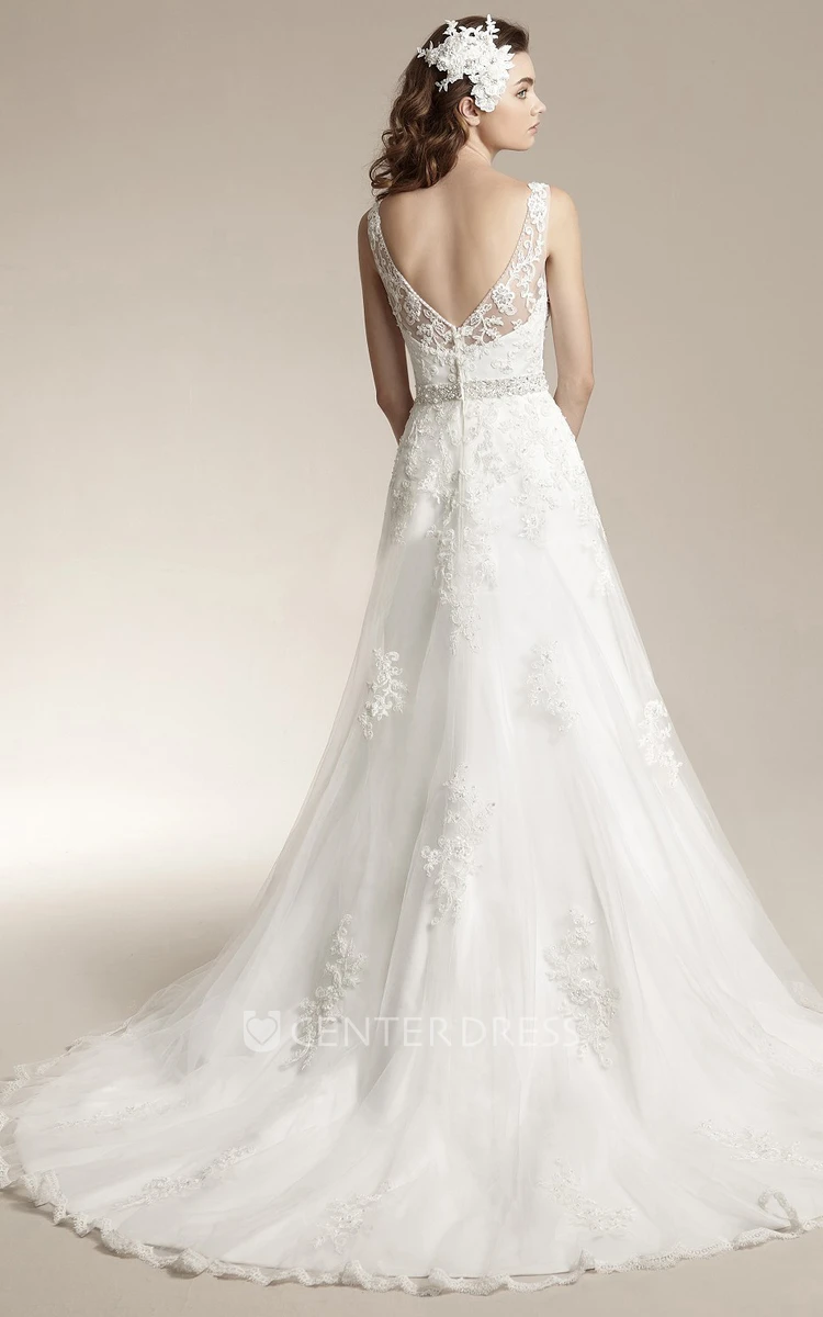 Bateau-Neck A-Line Long Wedding Dress With Appliques And Low V-Back