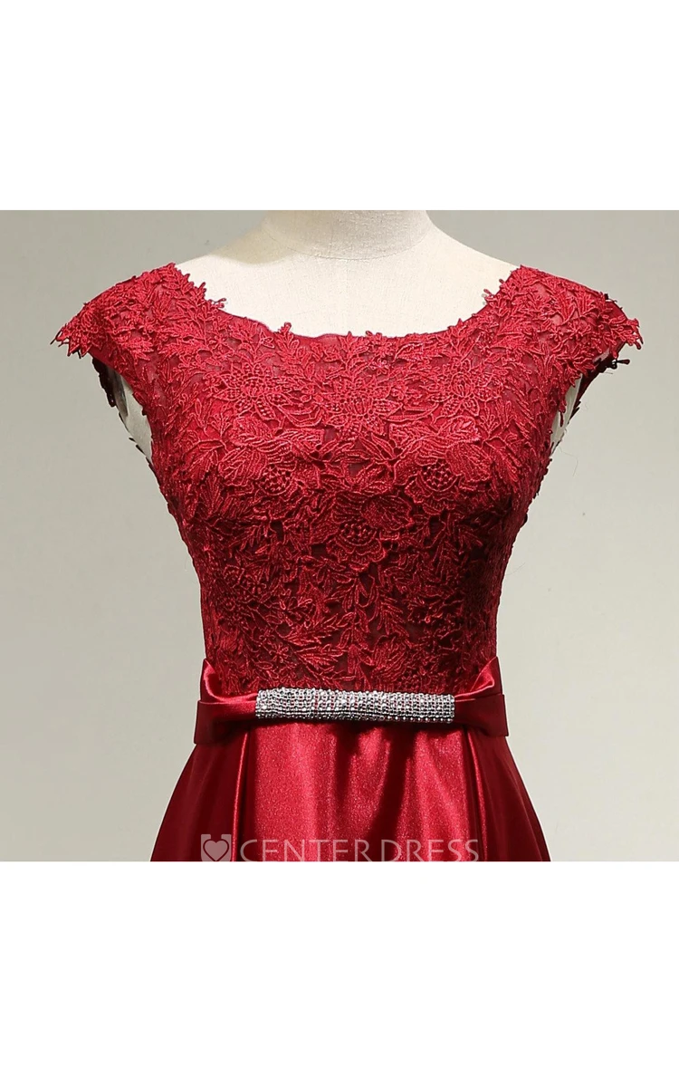 Cap Sleeve Lace Top Satin Dress With Beaded Belt