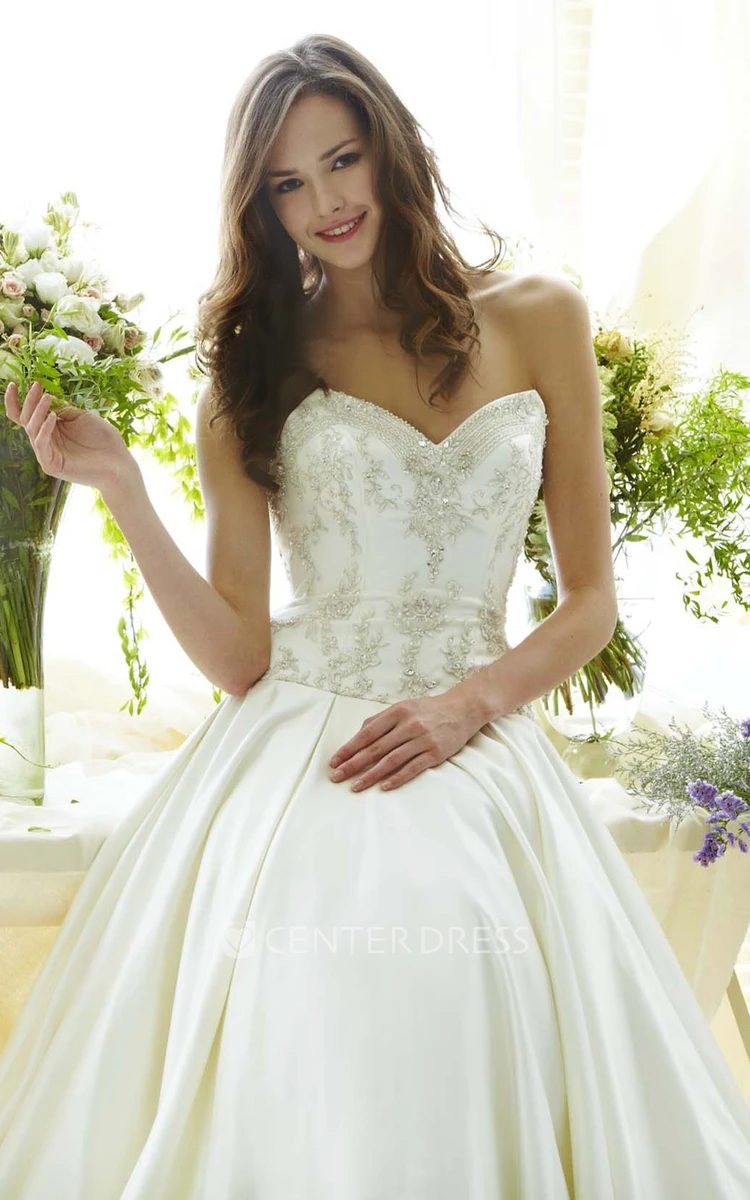 Floor-Length Sweetheart Beaded Satin Wedding Dress With Brush Train And V Back