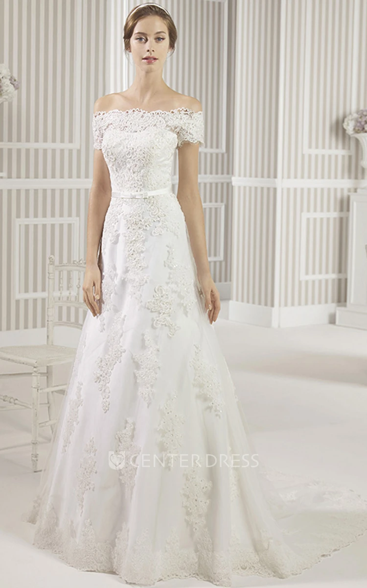A-Line Appliqued Off-The-Shoulder Lace Wedding Dress