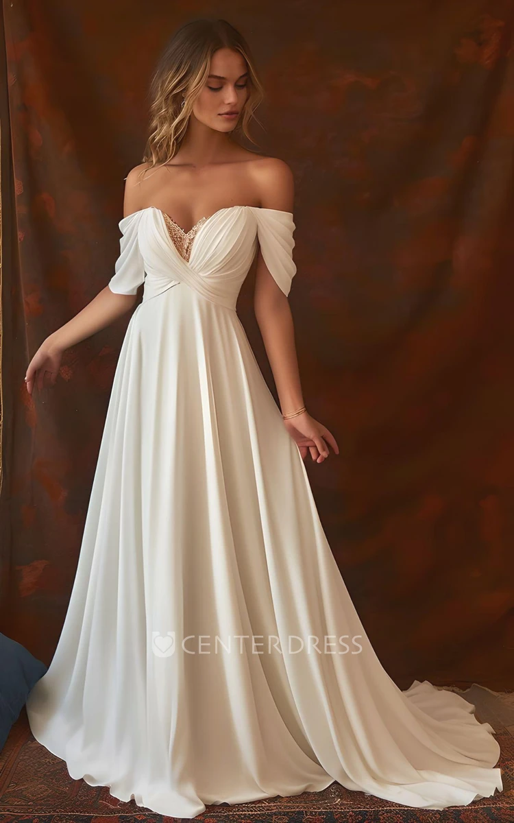 A-Line Wedding Dress Chiffon Sleeveless Ruching Off-the-shoulder Country Garden Elegant Simple 2024