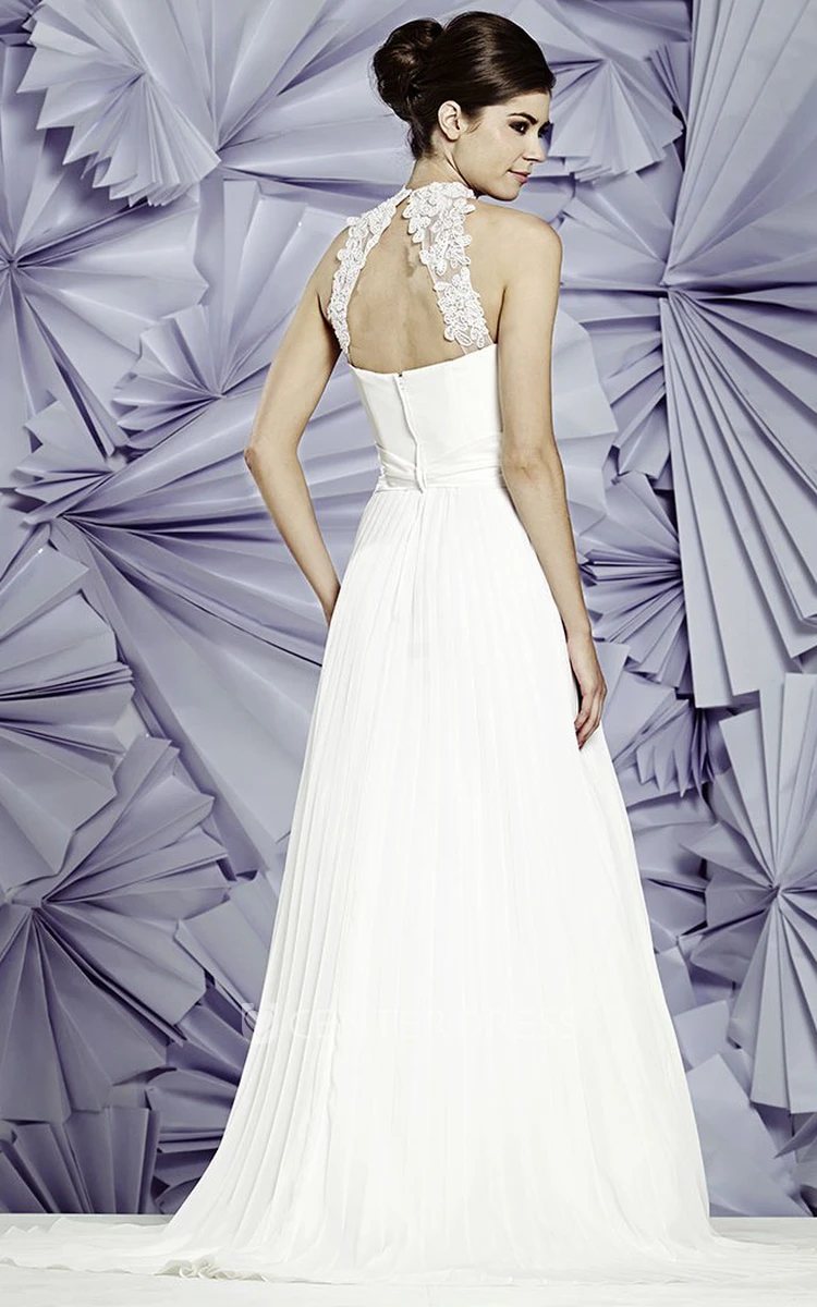 A-Line Floor-Length High-Neck Sleeveless Appliqued Chiffon Wedding Dress With Pleats And Waist Jewellery