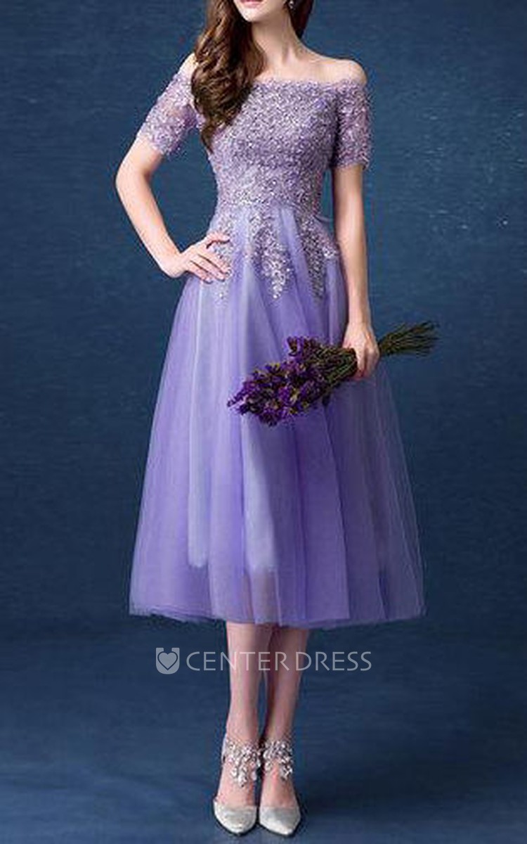 Custom Lilac Chiffon Knee Length Party Dress with Flowers Short Sleeves  High Quality ZN116 - GemGrace.com