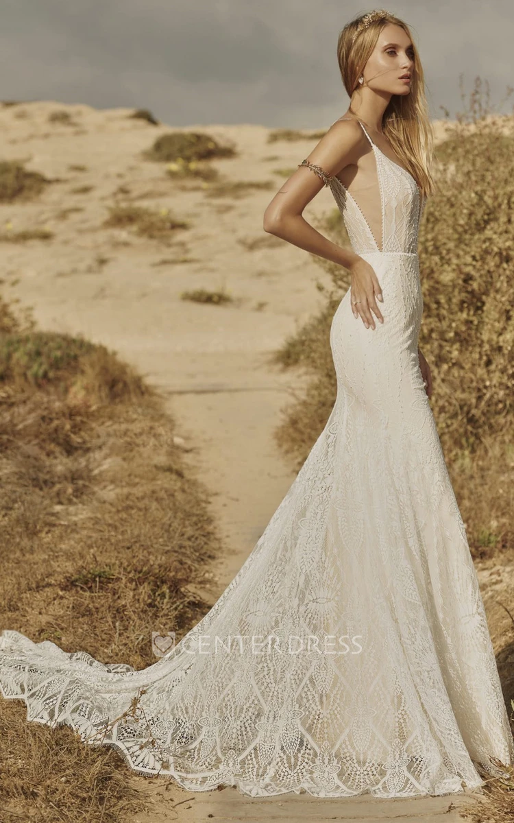 Sleeveless Mermaid Plunging Neckline Lace Wedding Dress with Appliques