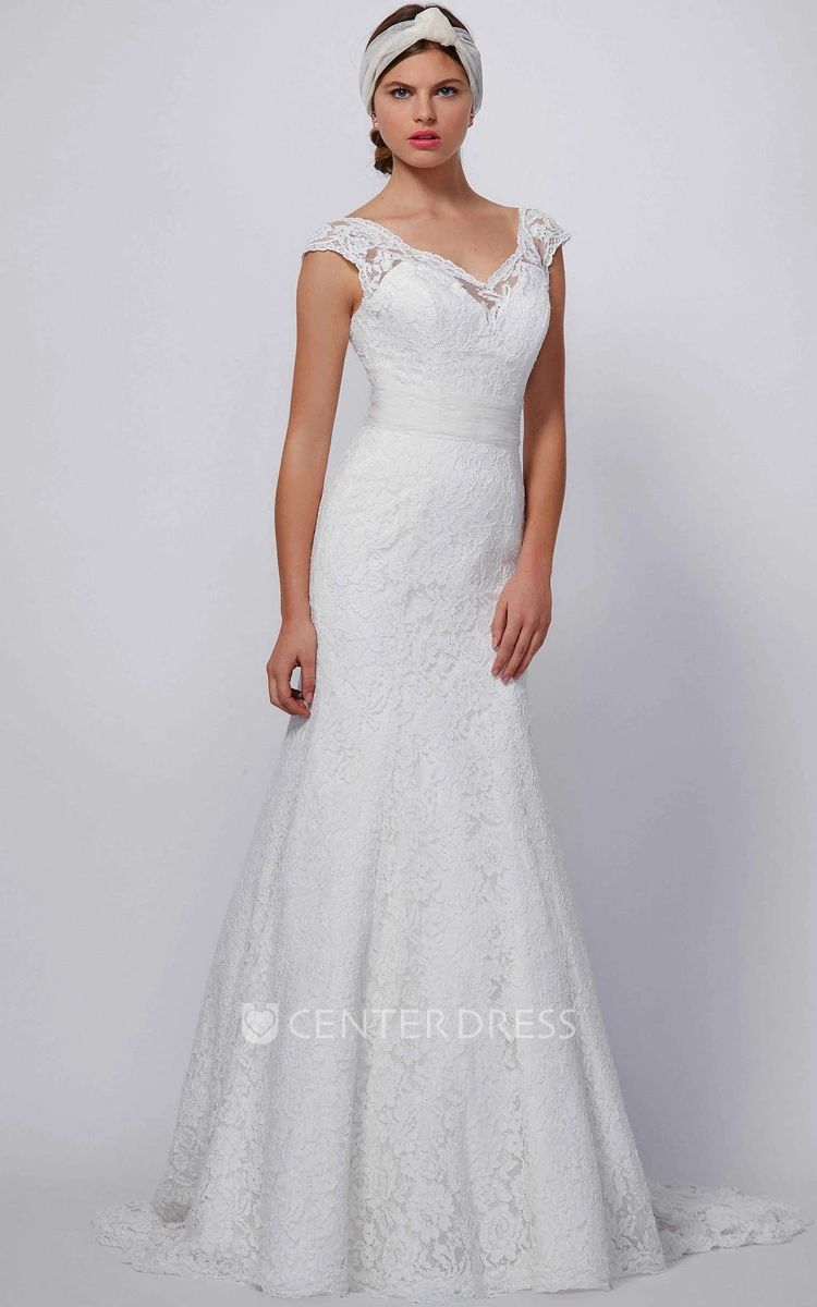 Sheath V-Neck Appliqued Floor-Length Cap-Sleeve Lace Wedding Dress