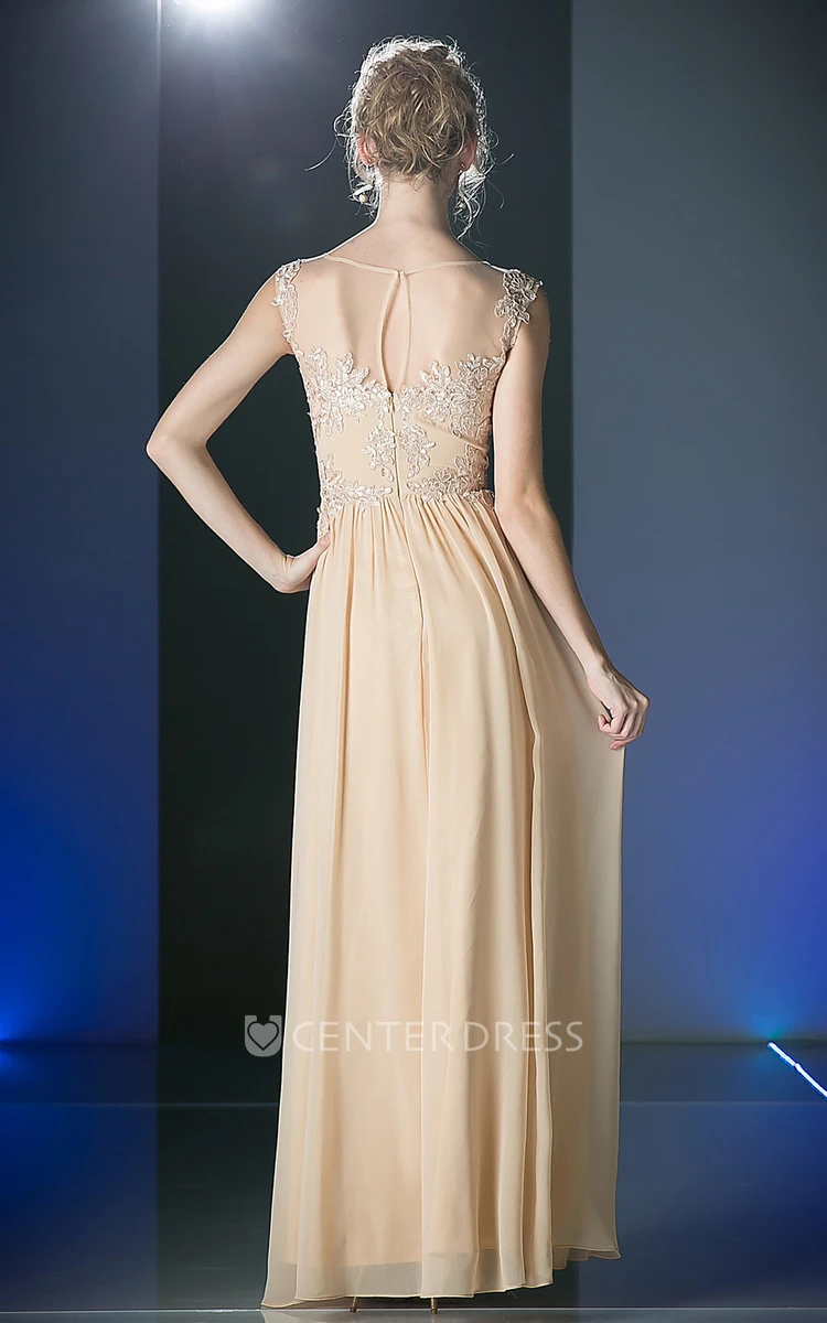 Sheath Ankle-Length Scoop-Neck Sleeveless Chiffon Illusion Dress With Appliques