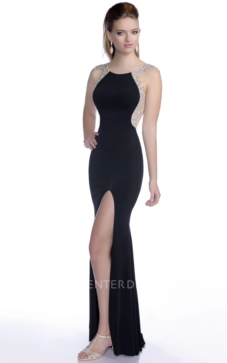 Elegant Front Slit Mermaid Jersey Prom Dress With Crystal Appliques