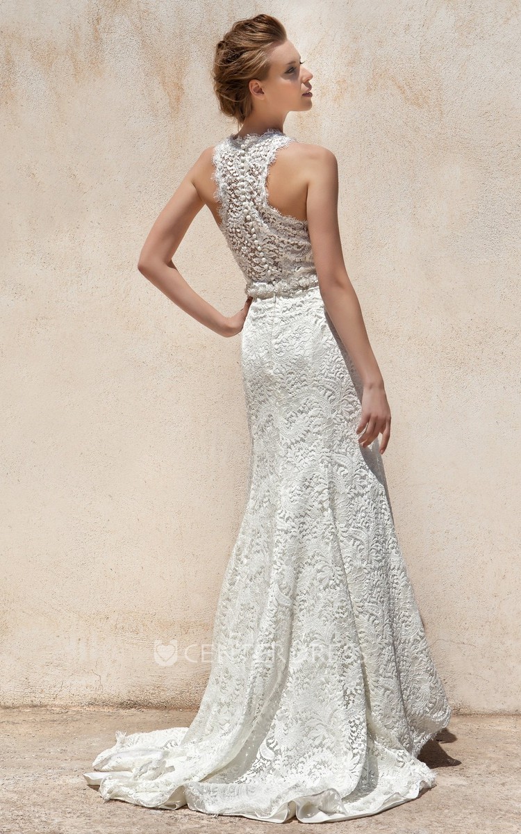 Sheath High-Neck Sleeveless Beaded Maxi Lace Wedding Dress With Appliques