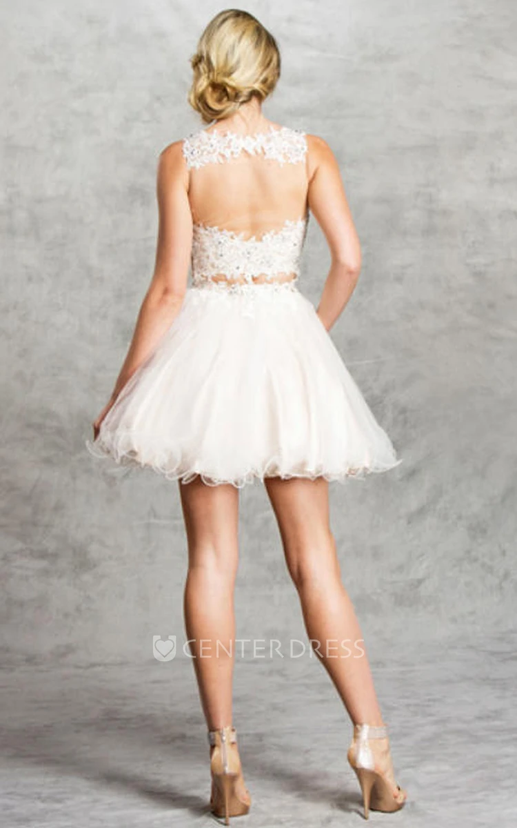 Two-Piece A-Line Short Scoop-Neck Sleeveless Tulle Illusion Dress With Appliques And Ruffles