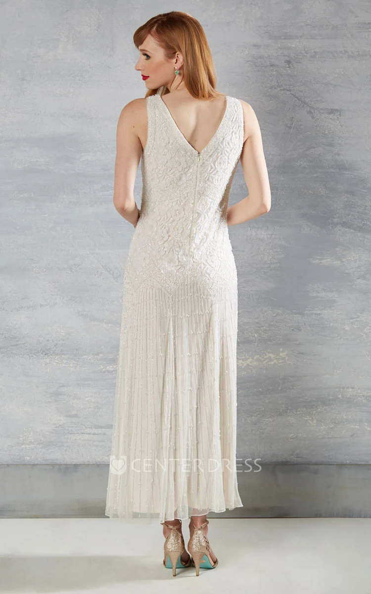 Sheath Sleeveless V-Neck Ankle-Length Lace Wedding Dress With Appliques And V Back