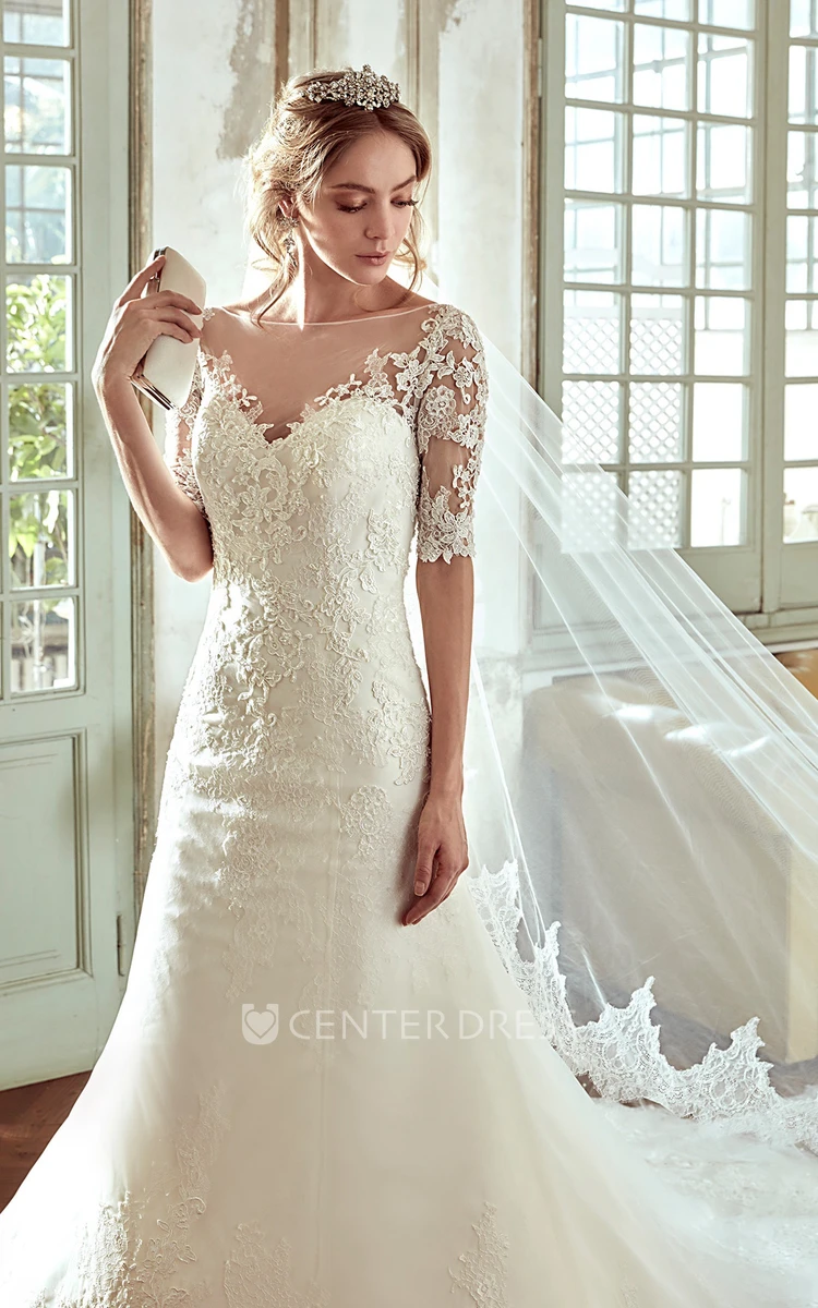 Sweetheart Lace Wedding Dress with Half Sleeves and Illusive Back