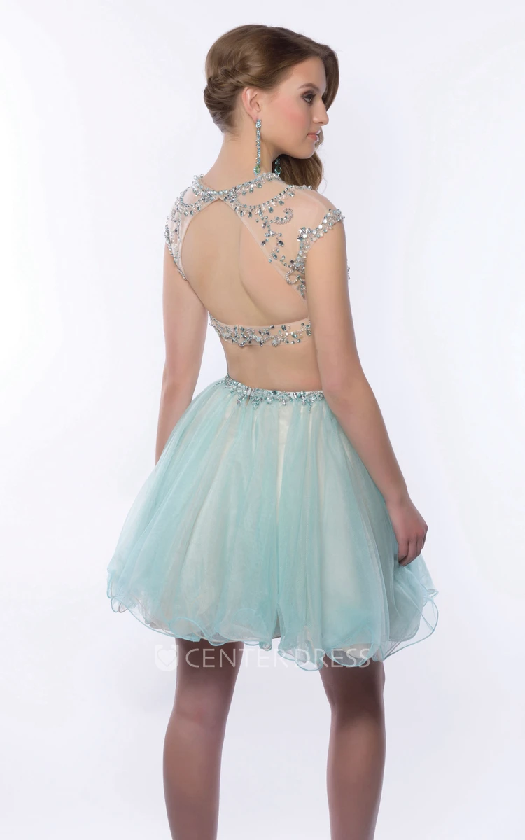 Cap Sleeve Two-Piece Mini Homecoming Dress With Jeweled Top And Tulle Skirt