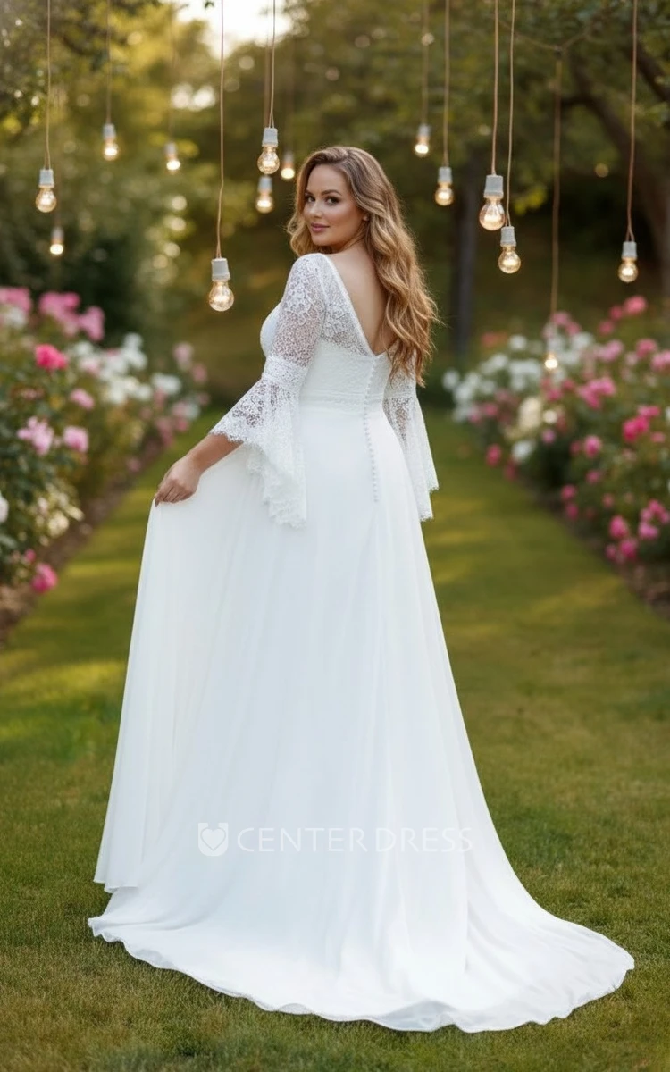 Bohemian Plus Size Lace Bell Sleeve Winter Wedding Dress Elegant Deep V-Neck Flowy Chiffon A Line Bridal Gown