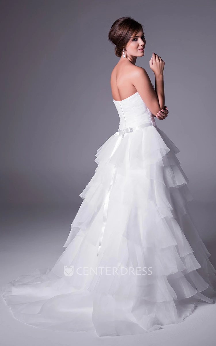 A-Line Tiered Strapless Sleeveless Long Organza Wedding Dress With Waist Jewellery And Ruching