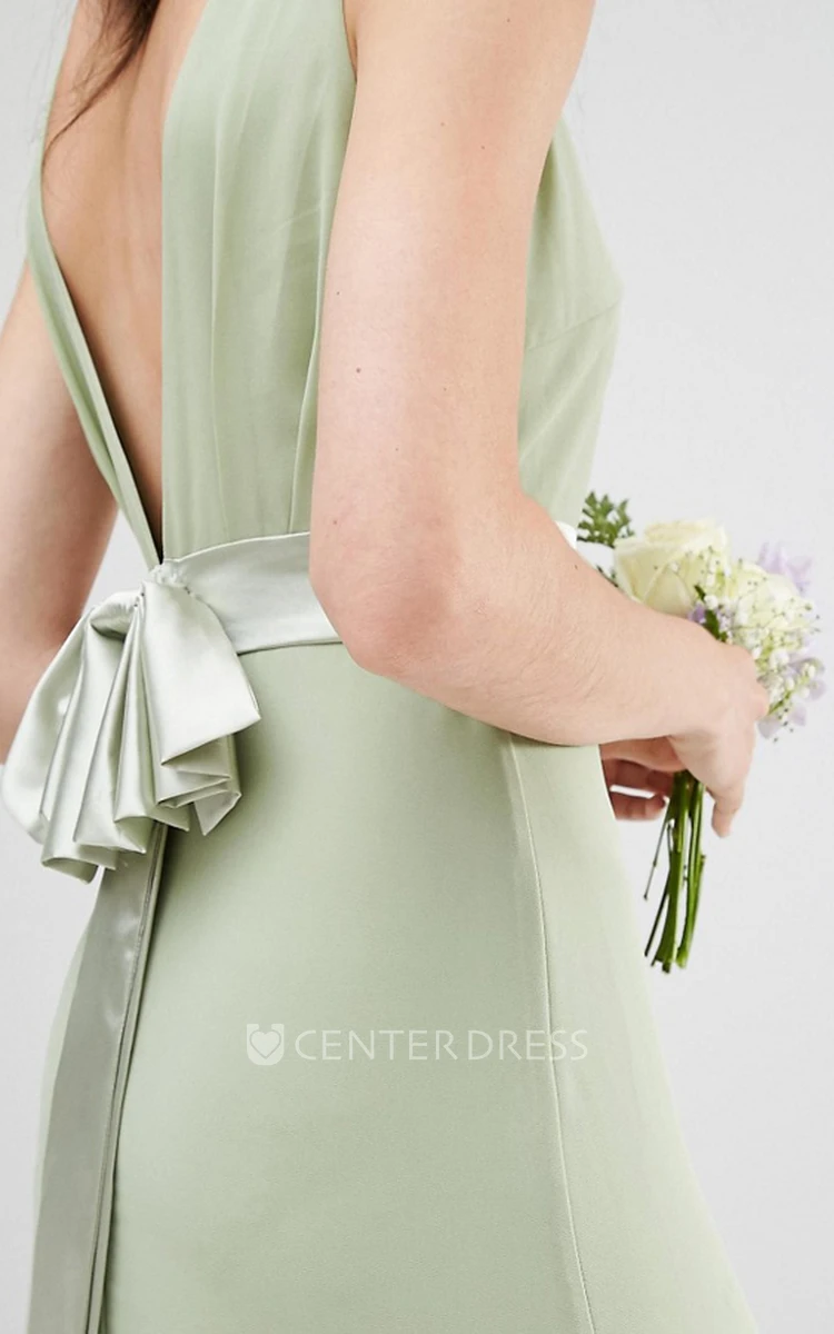 Sheath Jewel-Neck Floor-Length Sleeveless Chiffon Bridesmaid Dress With Ribbon And V Back