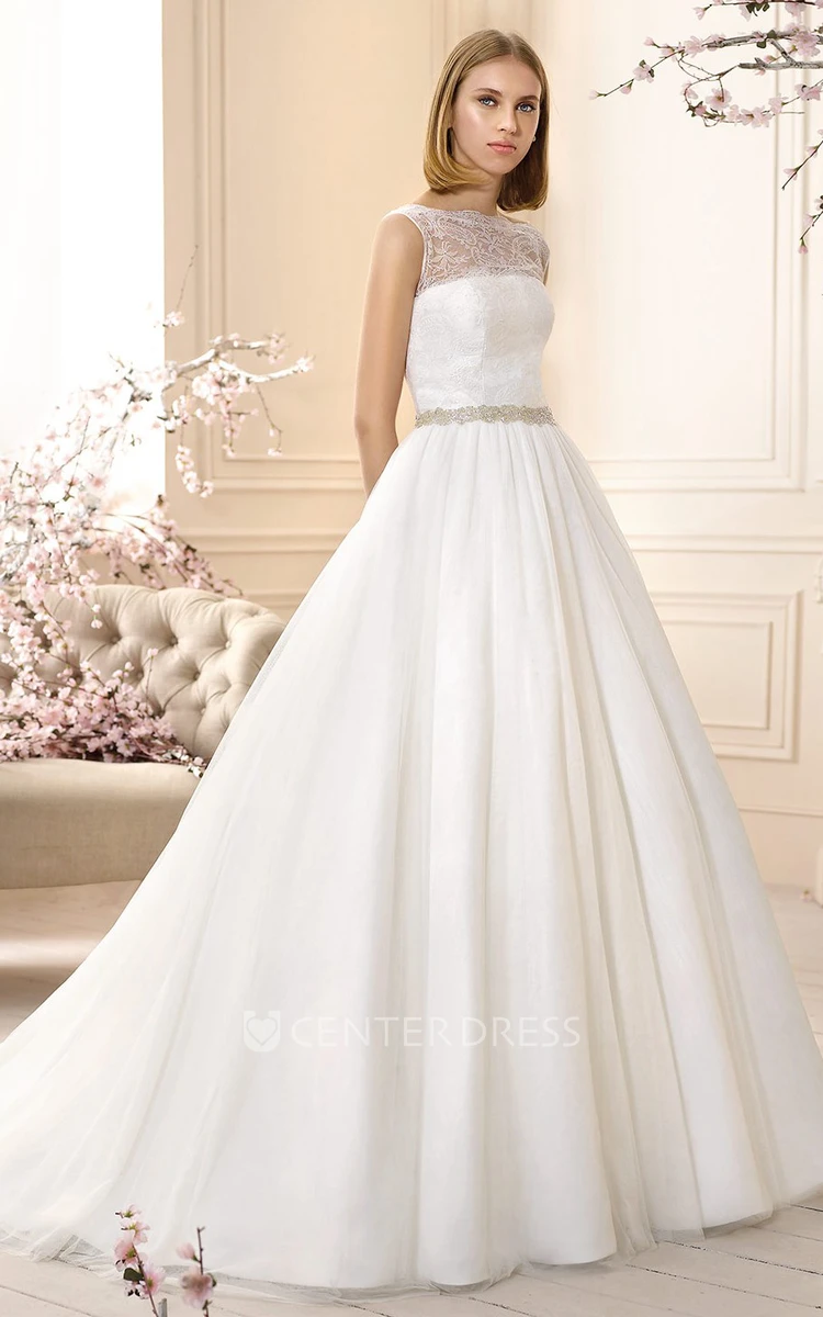Ball Gown Sleeveless Jeweled Floor-Length Bateau-Neck Lace&Satin Wedding Dress With Pleats