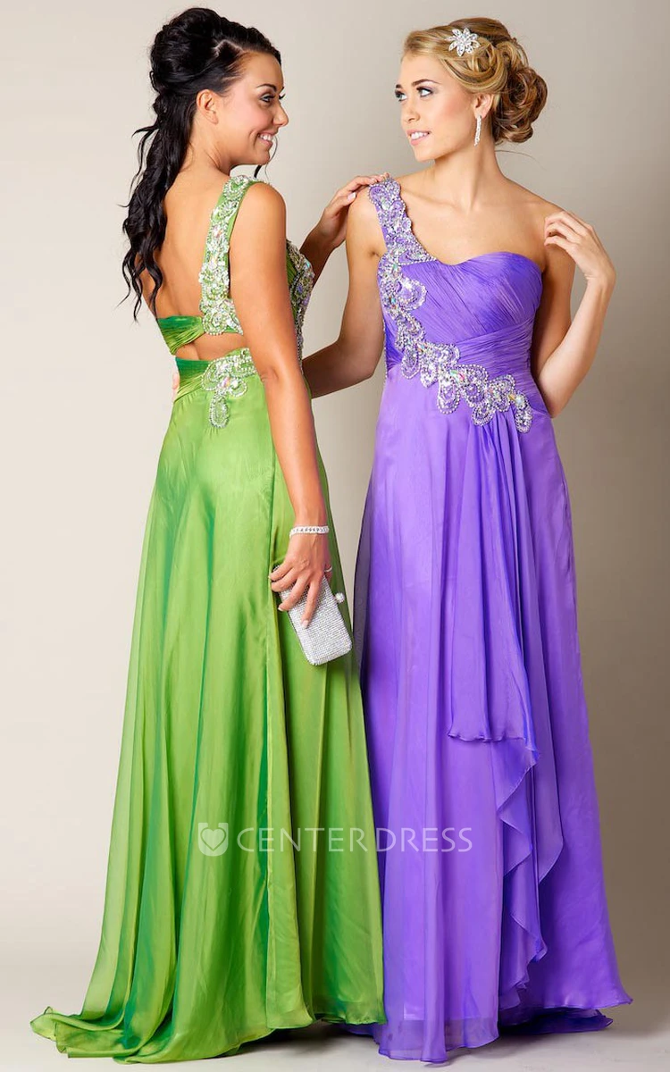 Sheath Beaded Sleeveless Long One-Shoulder Prom Dress With Ruching And Draping
