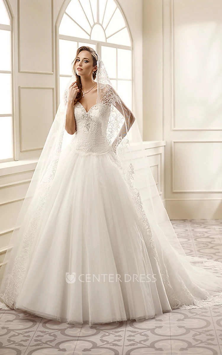 A-Line Sweetheart Beaded Tulle Wedding Dress With Court Train