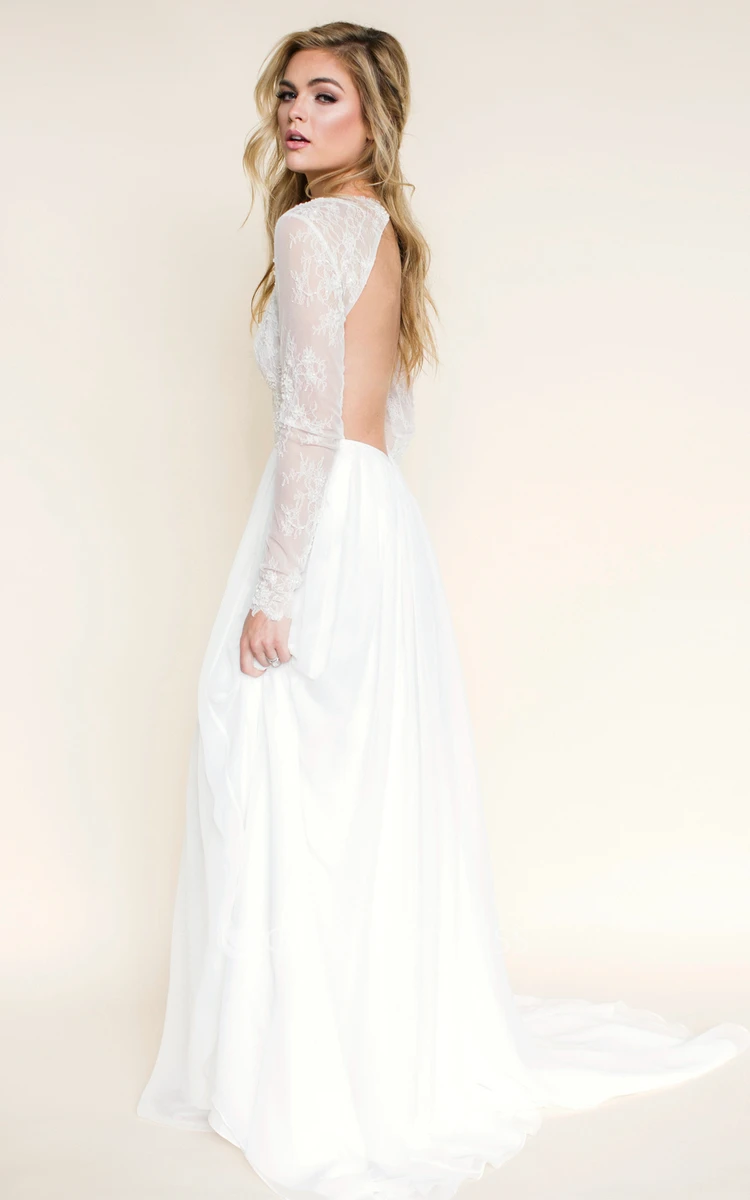 Maxi Illusion-Sleeve V-Neck Chiffon Wedding Dress With Lace And Backless Design